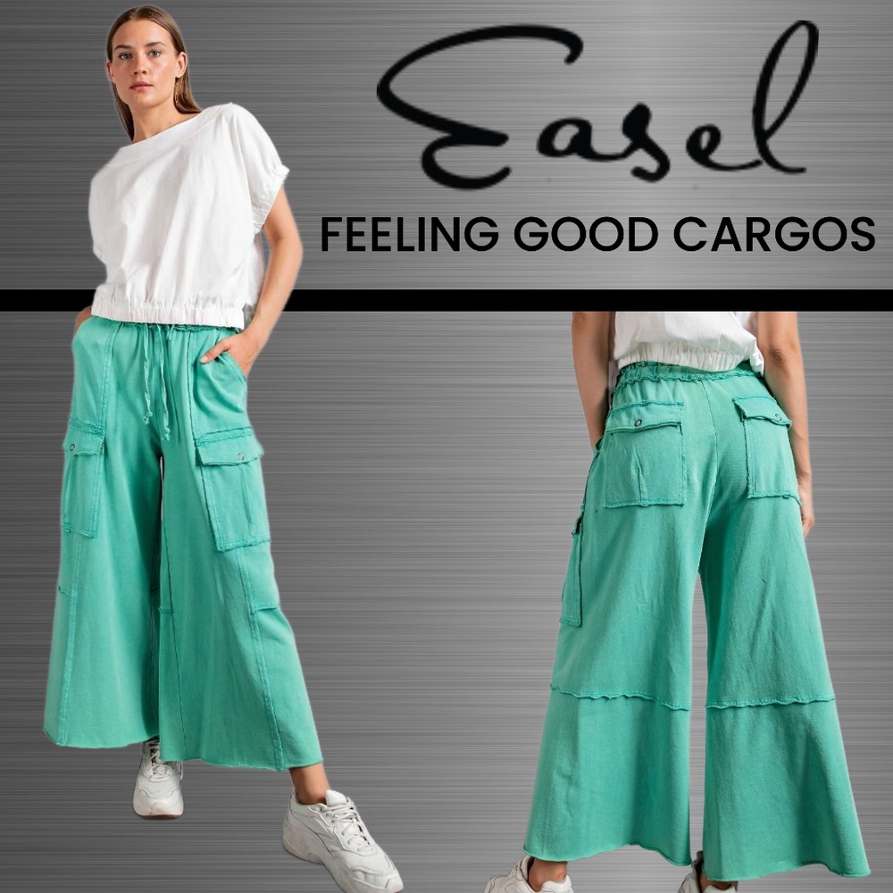 EASEL “Feeling Good Cargos” Mineral Washed Flared Leg, Raw Seams & Hems, Pockets